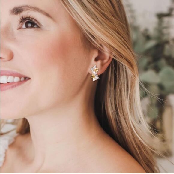 Yellow Gold with White Diamond Cubic Zirconia French Clip Post Flower Earrings - Picture 4 of 5